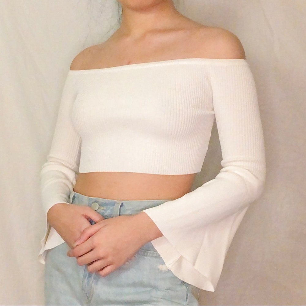 Seek the label off the shoulder bell sleeve top